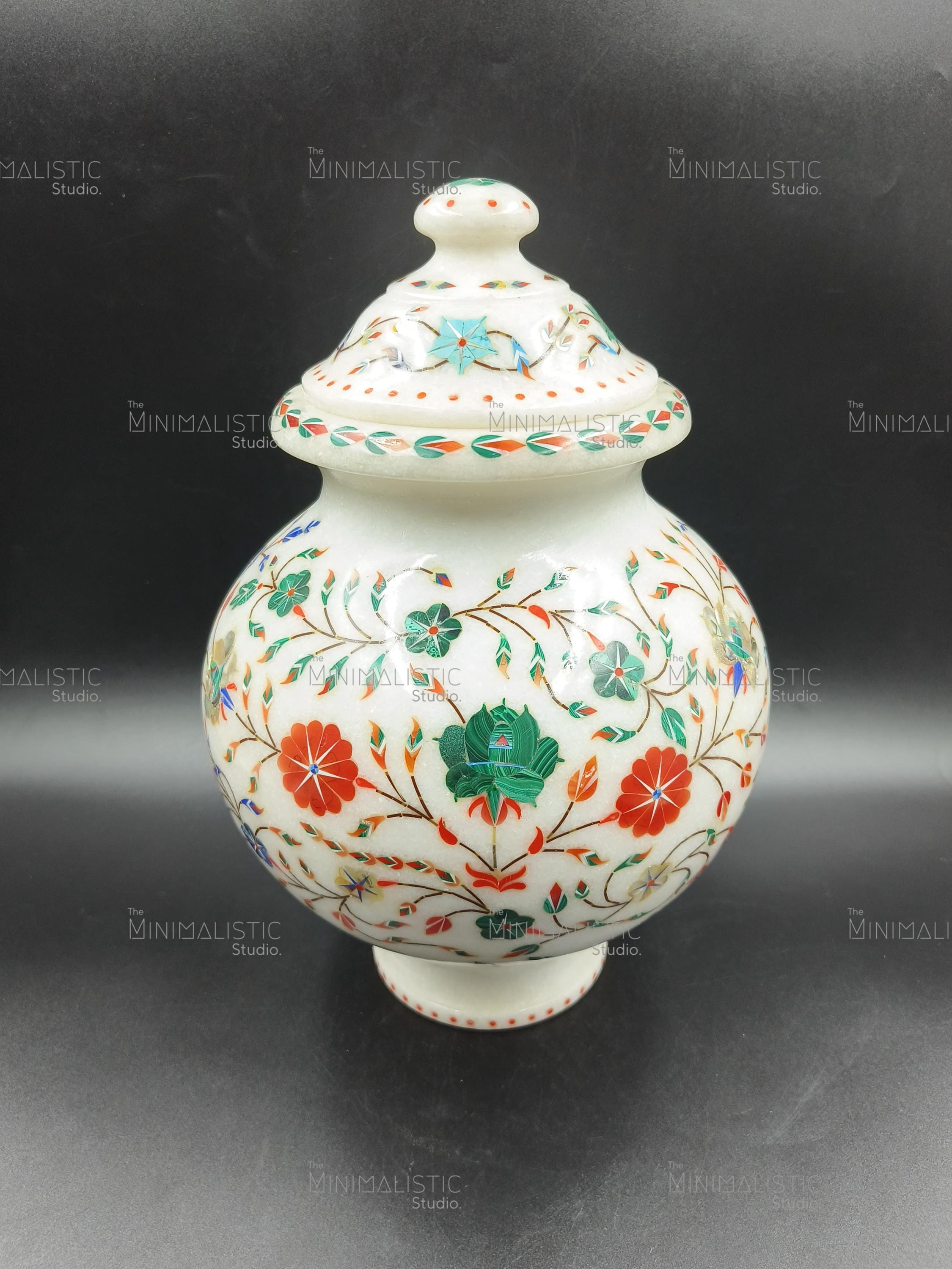 インド大理石　壺 マクラナ大理石花象嵌蓋付き瓶｜手作り石鉢｜装飾壷瓶｜インドの室内