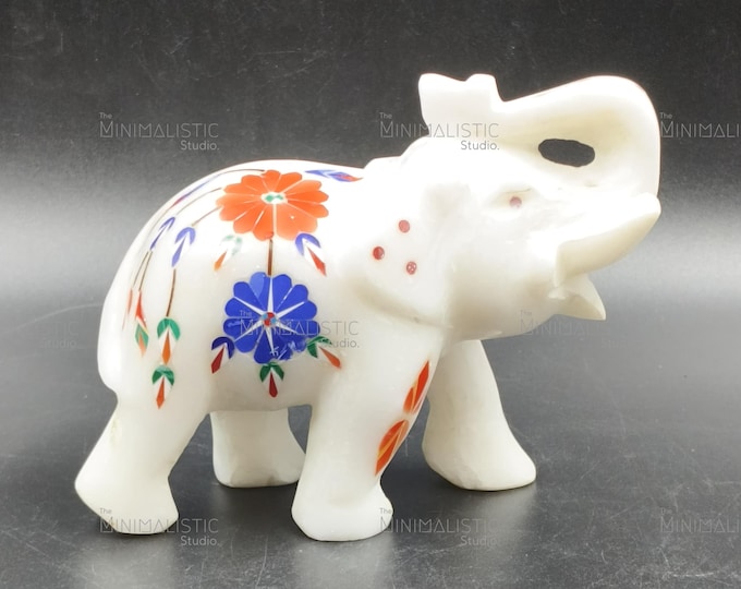 Floral Inlay Marble Elephant | Handmade Stone Figurine