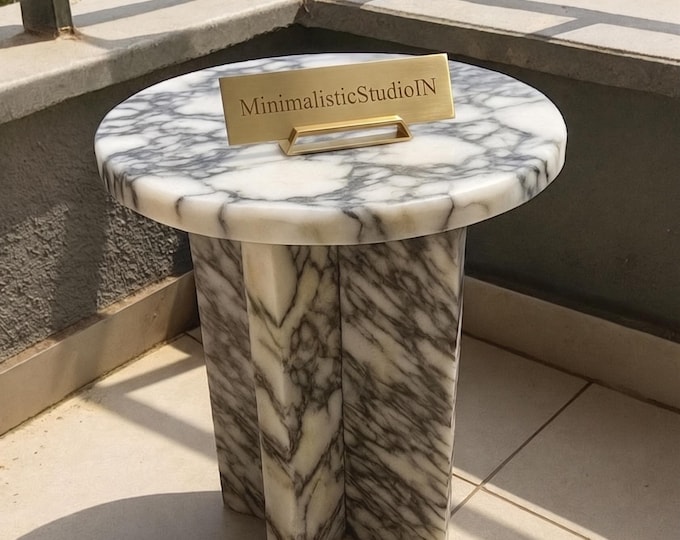 Round Calacatta Marble Accent Table With X Base Pedestal Designer Furniture | (Customisable)
