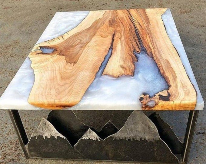 Live Edge Acacia Wood White Blue Epoxy Table Top | Square Handmade | Coffee Dining Table | (Customisable)