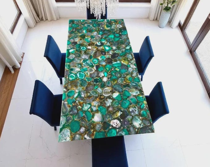 Green Agate Rectangular Table Top | Artisan Crafted