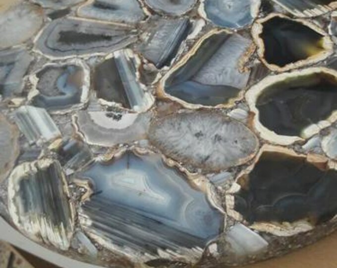 Round Multi-Colour Agate Table Top | Luxury Gemstone Silver & Black | Dining Coffee Table | (Customisable)