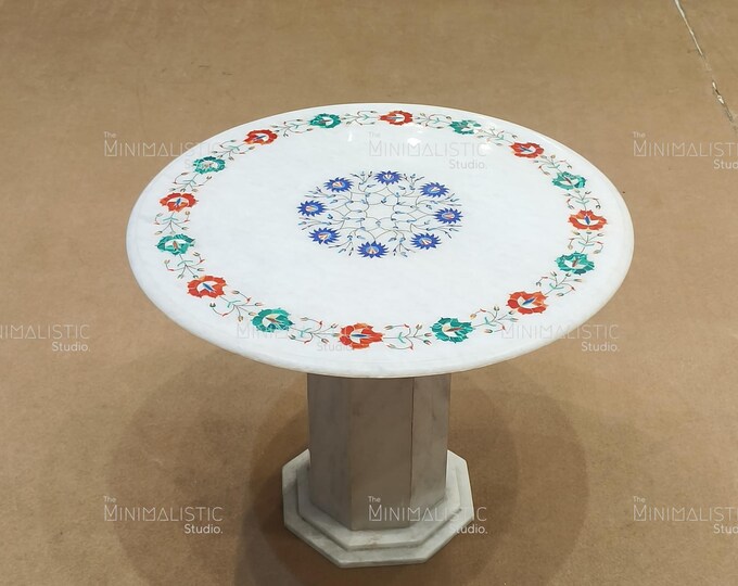 Handmade Gemstone Inlay Marble Table Top – Indian Floral Accent