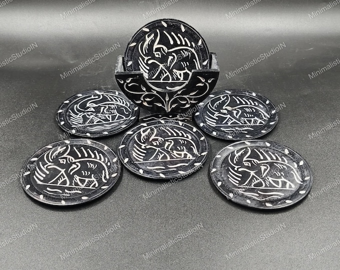 Black Marble Elephant Inlay Coaster Set 3.5” | Set of 6 with Holder for Luxury Tabletop Decor