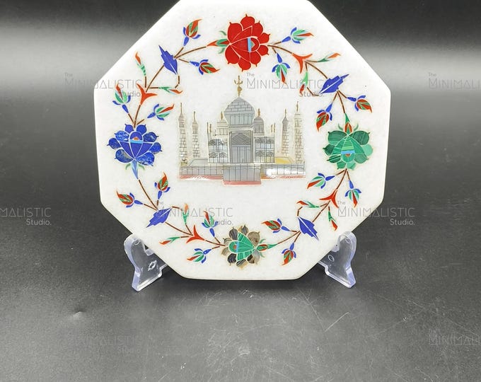Taj Mahal Marble Inlay Plate | Octagonal White Marble Home Decor | Handmade Indian Craft