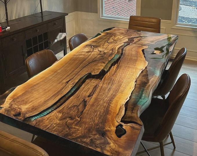 Acacia Wood Green Epoxy River Table Top | Live Edge, Custom