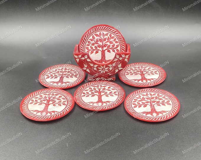 Red Marble Coaster 3.5” Inch Tree of Life | Set of 6 with Holder for Luxury Tabletop Decor