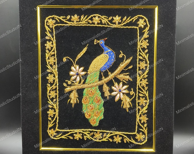 Peacock Zardozi Embroidery Art | Black Velvet, Gold Thread Indian Panel