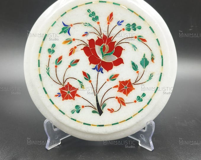 Handmade Pietra Dura Marble Plate, Floral Inlay Decor