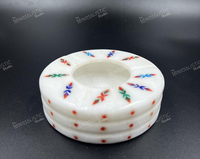 Handmade Marble Ashtray | Makrana White Stone Inlay, Boho Decor