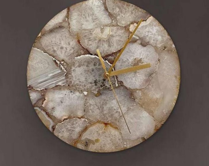 Handmade Grey Agate Gemstone Wall Clock, Luxury Stone Decor