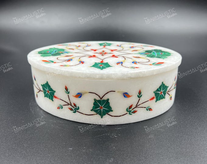 Handmade Marble Inlay Jewelry Box | Floral Pietra Dura Art