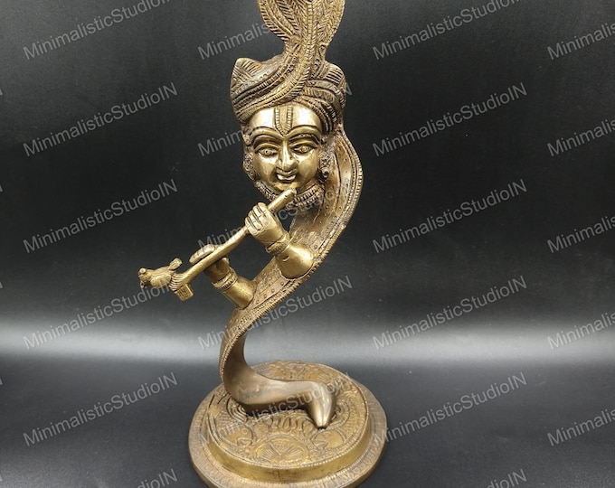 Golden Brass Krishna Statue | Flute, Indian Decor (13 inch)