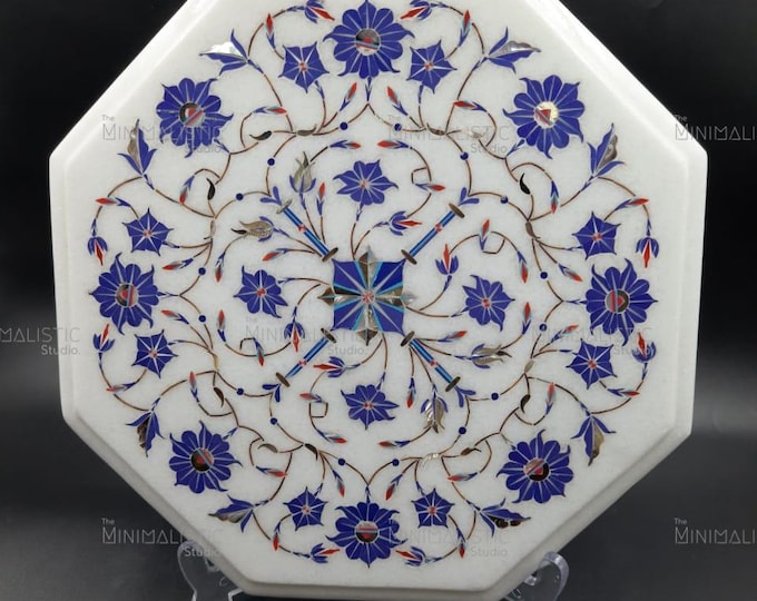 Blue Floral Inlay Marble Plate | Handmade Pietra Dura Decor