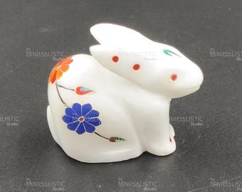 Handmade Makrana Marble Bunny Figurine | Gemstone Inlay Decor