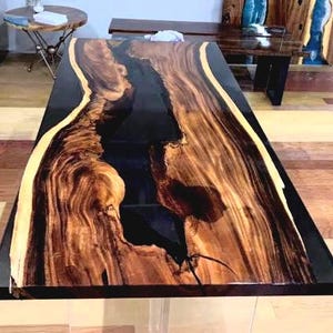 Dark Wood Acacia Wood Clear Epoxy Table | Rectangle Table Top | Dining Table Top | Coffee Table Top | Live Edge Table (Customisable)