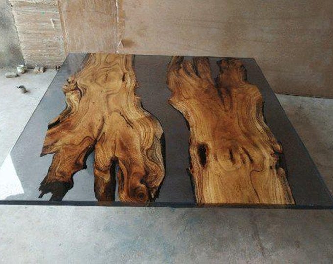 Live Edge Acacia Wood Clear Epoxy River Table Top | Square Handmade | Dining Table | Customisable)