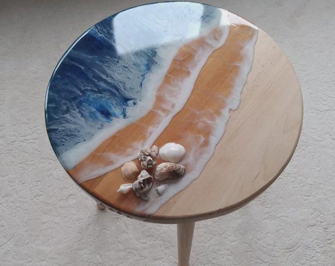Acacia Wood Epoxy Resin Table | Ocean Beach with Seashells