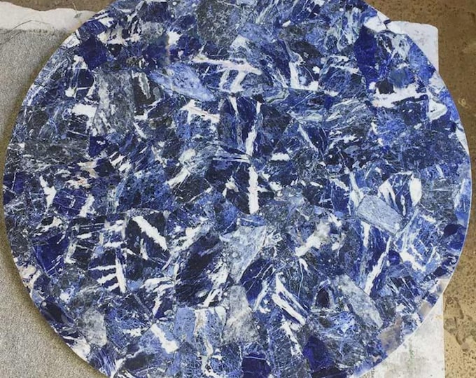 Round Sodalite Stone Table Top | Handcrafted Blue Gem (Customizable)