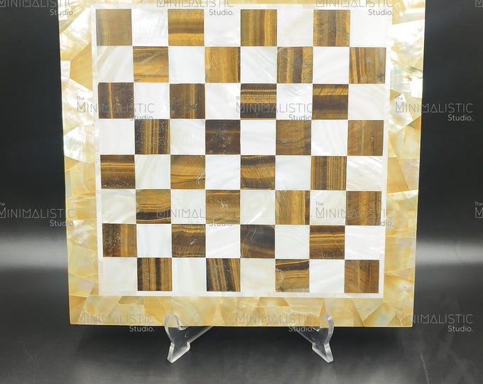 Handmade Marble, Mother of Pearl, Tiger Eye Chess Board, Luxury Stone Decor