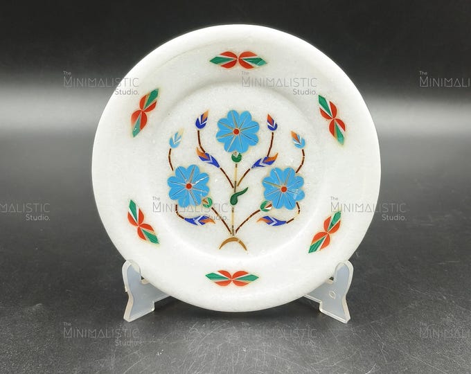 Handmade Marble Inlay Plate – Floral Pietra Dura Art, 5 Inch