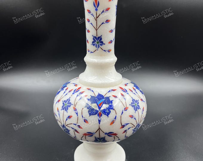 Handmade Makrana Marble Flower Vase | Pietra Dura Floral Inlay
