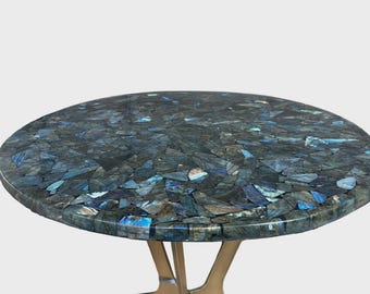 Round Labradorite Gemstone Table Top | Blue Crystal Mosaic | Dining Coffee Table | (Customisable)