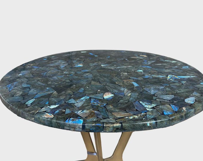 Round Labradorite Gemstone Table Top | Blue Crystal Mosaic | Dining Coffee Table | (Customisable)