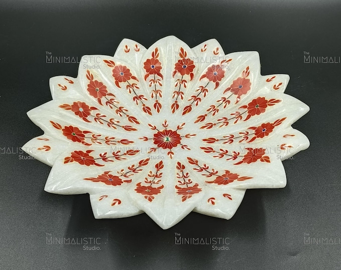 Handmade Makrana Marble Platter | Floral Jasper Inlay Centerpiece