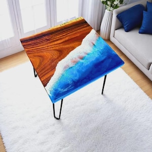 Ocean Wave Epoxy Acacia Wood Table Top | Square | Coffee Table Top | Site Table Top | Beach Art | (Customizable)