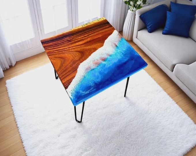 Epoxy Acacia Wood Coffee Table Top | Ocean Wave Resin Art (Customizable)