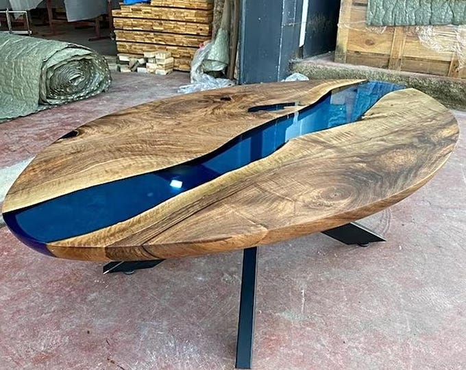 Acacia Wood Blue Epoxy Coffee Table Top | Oval Live Edge (Customizable)