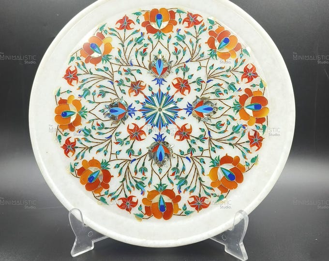 Handmade Floral Marble Plate – Pietra Dura Inlay, Mughal Art (11 Inches)