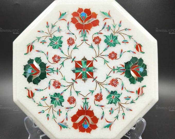 Floral Symphony on White Marble | Handmade Pietra Dura Inlay Plate