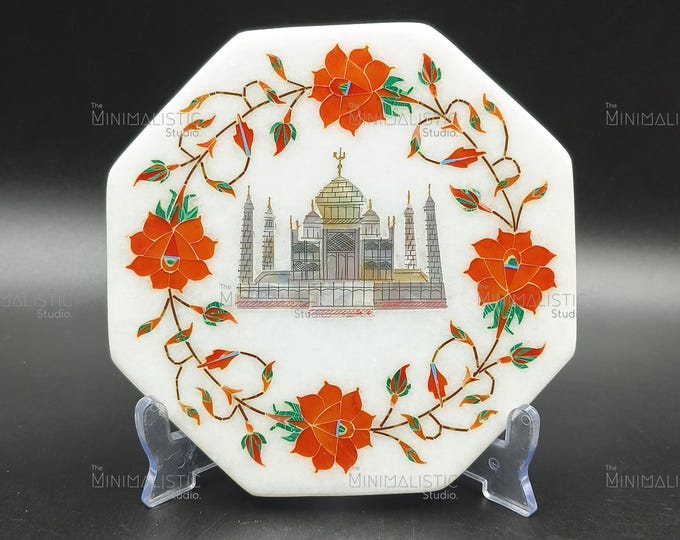 Taj Mahal Marble Inlay Plate | Octagonal White Marble Home Decor | Handmade Indian Craft