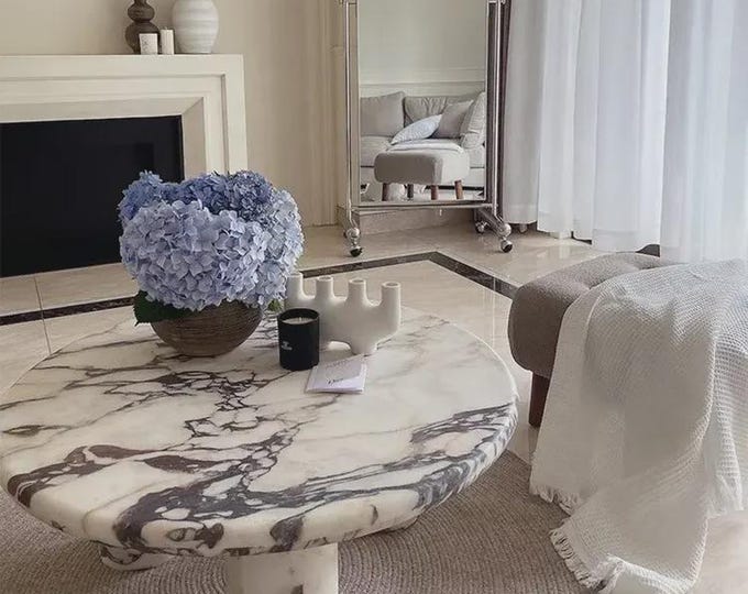 Round Calacatta viola Marble Table Top | Handmade Artisan Dining Table | (Customisable)