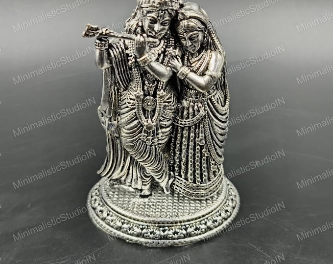 Silver Brass Krishna Radha Statue | Handmade Hindu Idol, Puja Decor
