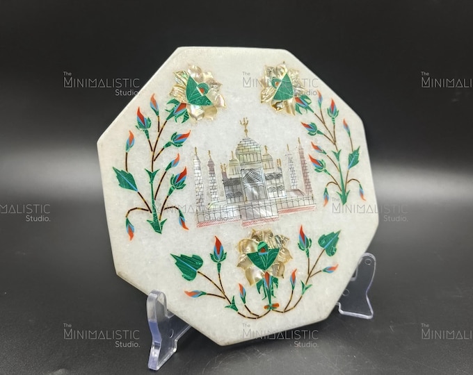 Taj Mahal Marble Inlay Plate | Octagonal White Marble Home Decor | Handmade Indian Craft