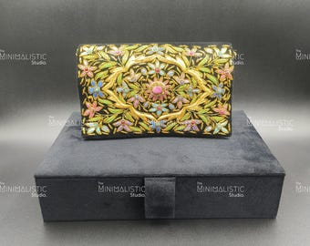 Black Velvet Gemstone Clutch | Gold Zardozi Embroidery, Braided Chain