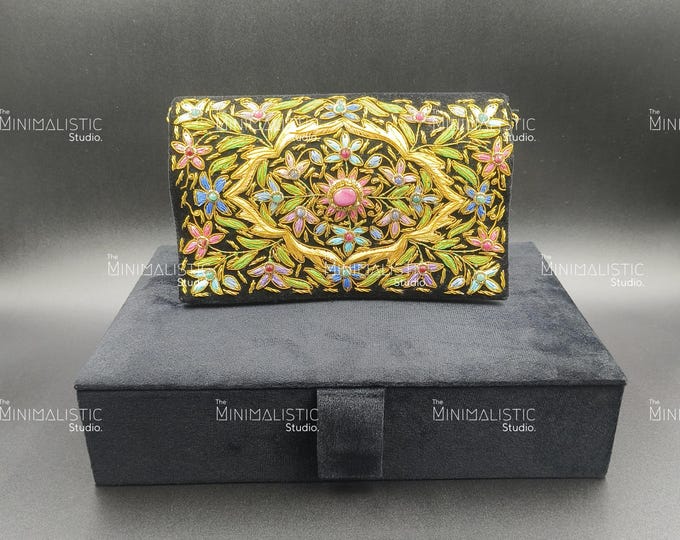 Black Velvet Gemstone Clutch | Gold Zardozi Embroidery, Braided Chain