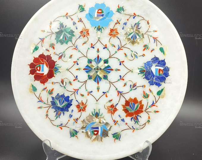 Floral Marble Inlay Plate – Handmade Pietra Dura Wall Art, 12 Inch