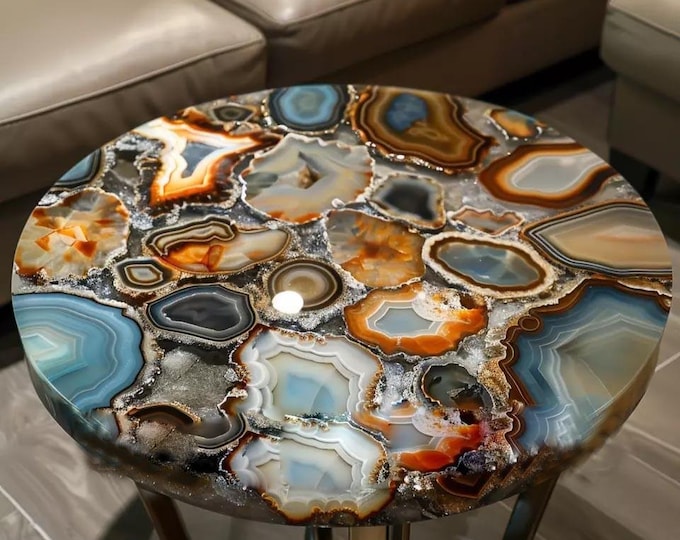 Round Multi-Colour Agate Table Top | Luxury Gemstone  Blue & Amber | (Customisable)