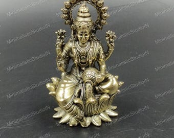 Mini Golden Brass Lakshmi Statue | Hindu Goddess Idol, Puja Decor