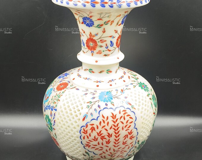 Handmade Marble Floral Inlay Vase – Indian Decor, Luxury Centrepiece