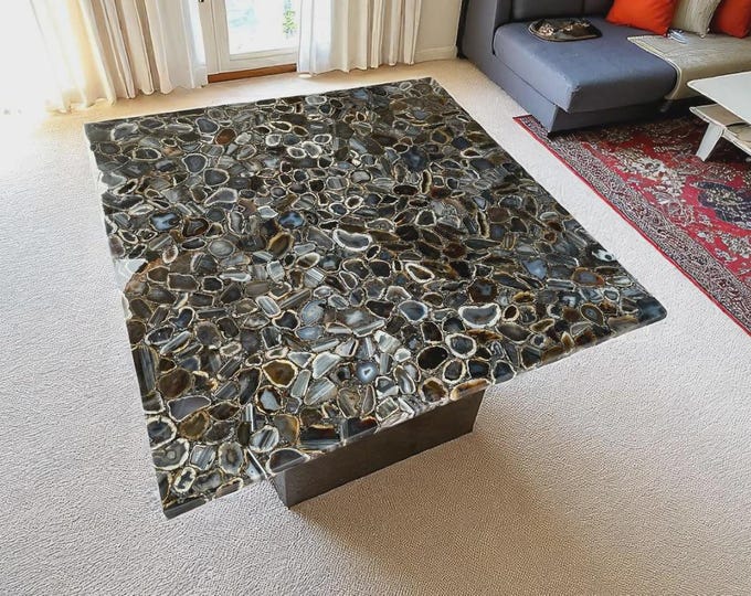 Square Multi-Colour Agate Table Top | Luxury Gemstone Coffee Table Unique Modern Decor | (Customisable)