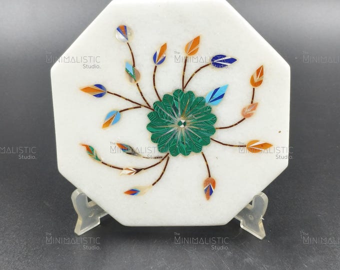 Handmade Marble Inlay Plate | Octagon Floral Design | Indian Stone Trivet | White Makrana Centerpiece Art