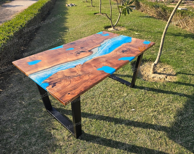 Handmade Acacia Wood Blue Epoxy River Table Top | Modern Decor
