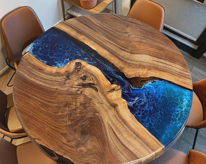 Round Blue River Acacia Wood Table Top | Luxury Ocean Epoxy Dining & Coffee Table | (Customisable)