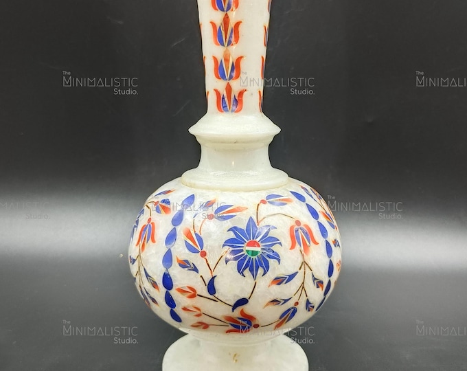 Handcrafted White Marble Floral Inlay Vase | Pietra Dura Indian Decor | Elegant Table Centerpiece & Gift