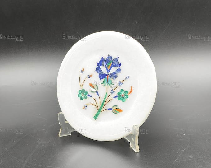 Handmade Marble Inlay Plate | Pietra Dura Blue Lotus, 5 Inch